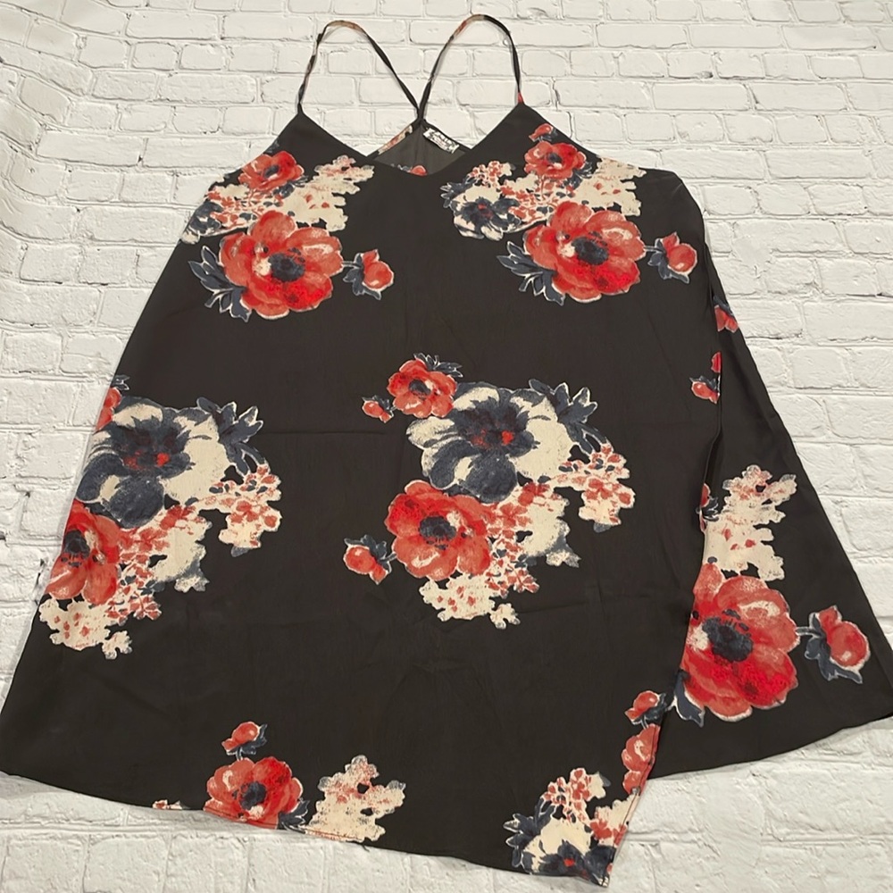 Free People Black Floral Slip Dress with Red & Cream Blooms